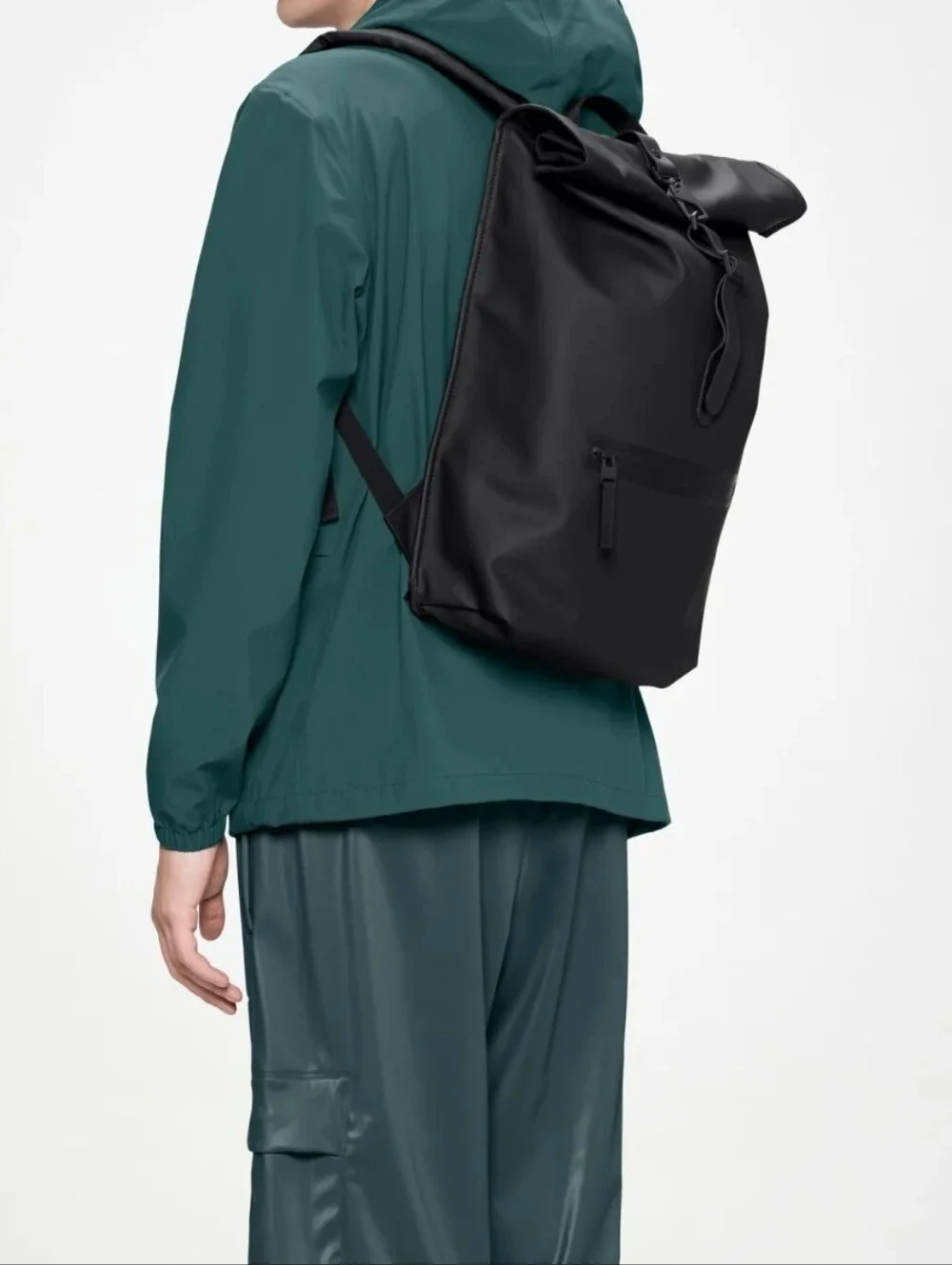 Rains Black Roll-Top Waterproof Backpack